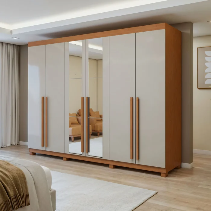 Guarda-roupa 6 Portas 4 Gavetas Bertha com Espelho e com Pés Amêndoa Clean Off White