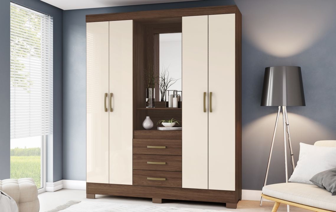 Guarda Roupa B24 Briz 4 Portas 3 Gavetas Castanho Off White