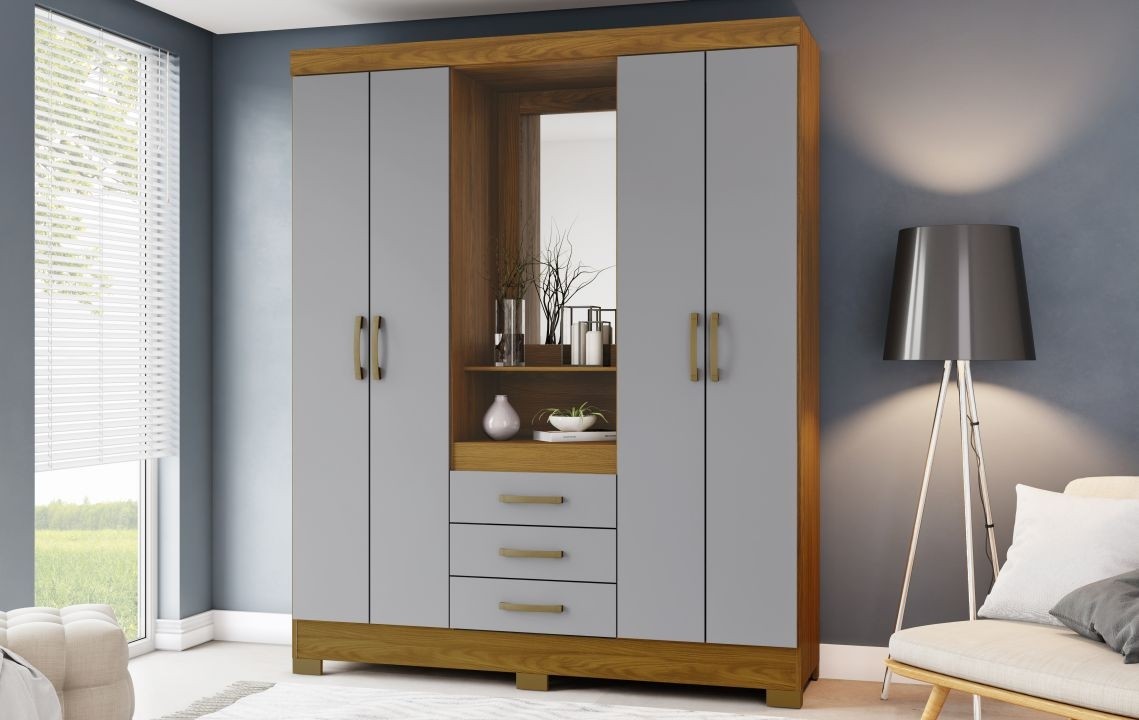 Guarda Roupa B24 Briz 4 Portas 3 Gavetas Nature Cinza