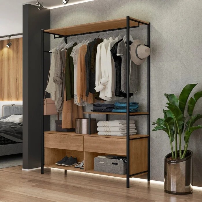 Guarda Roupa Closet Industrial para Casal de Ferro 2 Gavetas 5 Prateleiras Barcelona Preto/Demolição