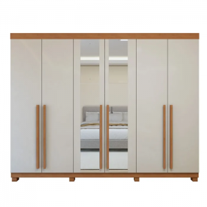 Guarda-roupa 6 Portas 4 Gavetas Bertha com Espelho e com Pés Amêndoa Clean Off White